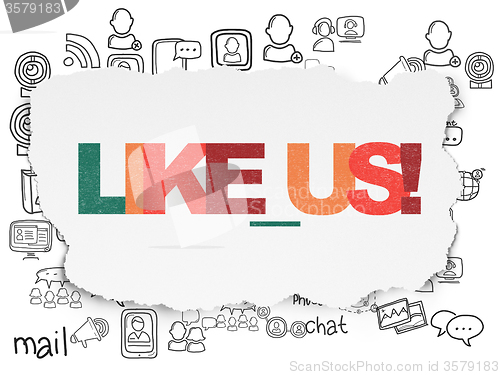 Image of Social network concept: Like us! on Torn Paper background