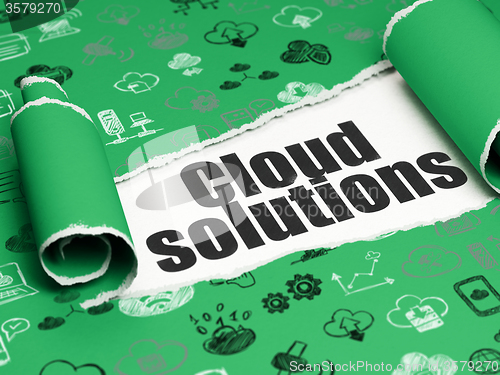 Image of Cloud technology concept: black text Cloud Solutions under the piece of  torn paper