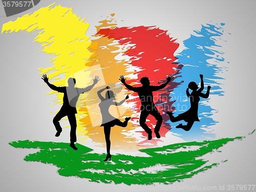Image of Colorful Jumping Indicates Friends Happiness And Positive