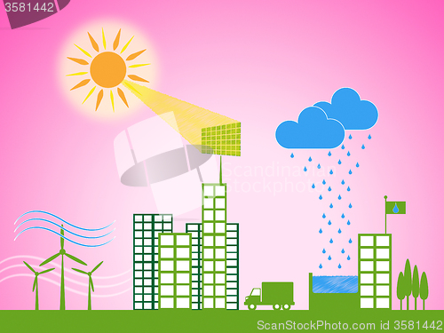 Image of Solar Panel Shows Energy Source And Downtown
