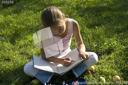 Image of The girl draws on a meadow VI