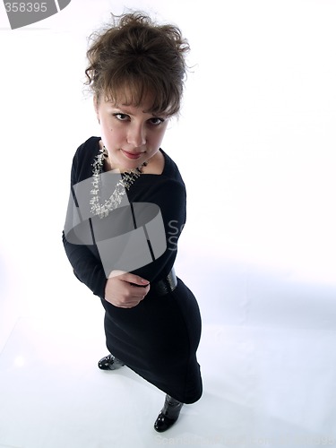 Image of Young beautiful lady shot wide angle from top