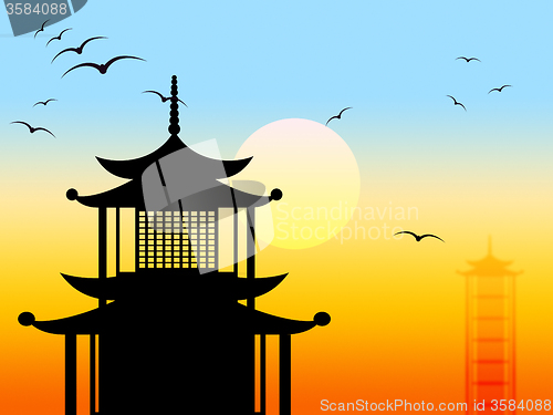 Image of Pagoda Silhouette Represents Zen Japanese And Profile