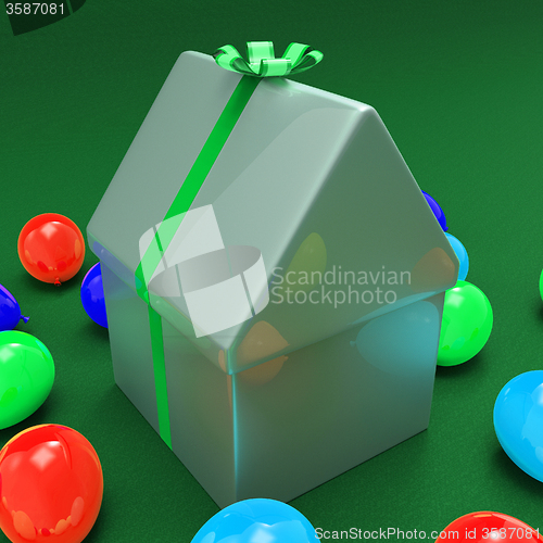 Image of House Giftbox Shows Wrapped Apartment And Package