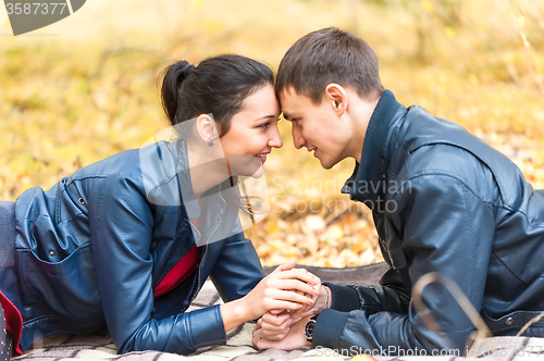 Image of Young romantic happy couple on autumn picnic