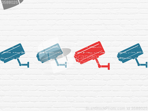 Image of Protection concept: cctv camera icon on wall background