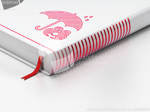 Image of Safety concept: closed book, Family And Umbrella on white background
