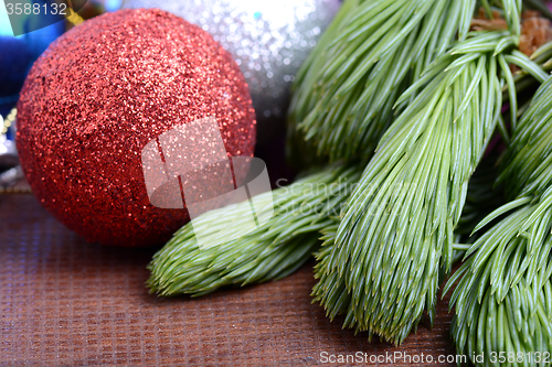 Image of Decorated christmas tree - holiday background, green tree eve branch close up with christmas balls 