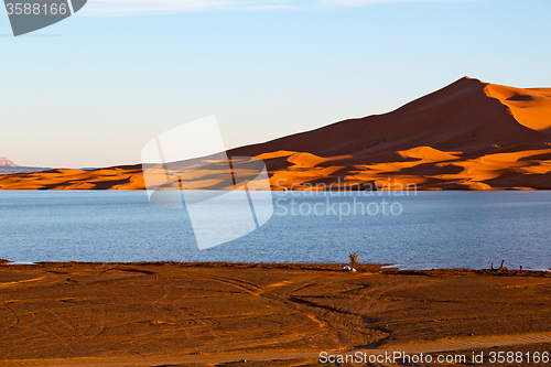 Image of   in the lake yellow  desert of morocco sand and     dune