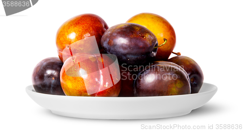 Image of In front mix of red and violet plums on white plate