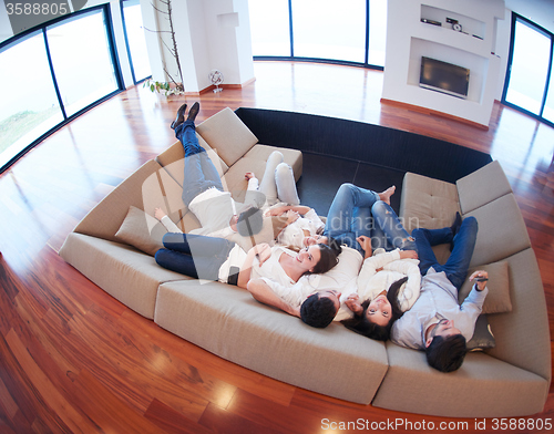 Image of friends group get relaxed at home