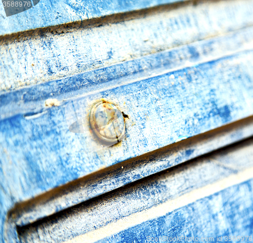 Image of stripped paint in the blue wood door and rusty nail