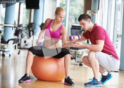 Image of young sporty woman with trainer exercise weights lifting