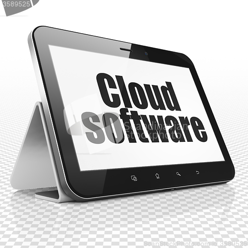 Image of Cloud computing concept: Tablet Computer with Cloud Software on display