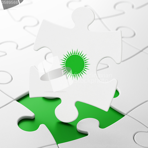 Image of Tourism concept: Sun on puzzle background