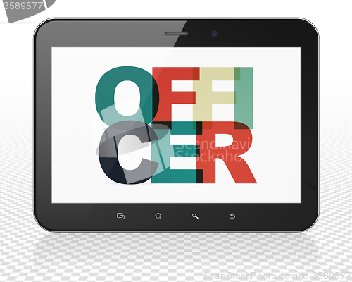 Image of Law concept: Tablet Pc Computer with Officer on  display