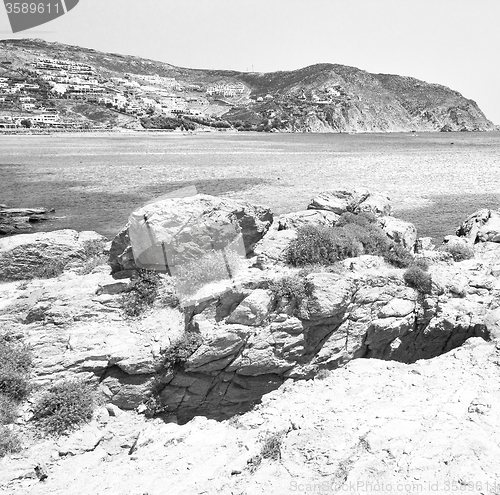 Image of in greece the mykonos island rock sea and beach blue   sky