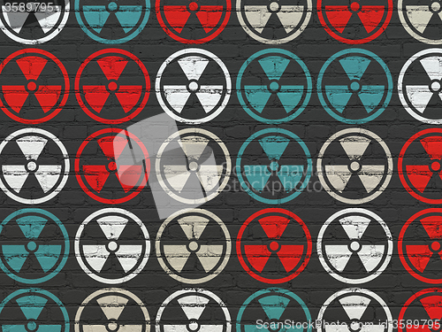 Image of Science concept: Radiation icons on wall background