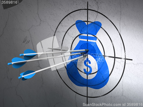 Image of Finance concept: arrows in Money Bag target on wall background