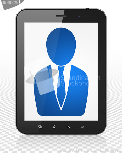 Image of Law concept: Tablet Pc Computer with Business Man on display