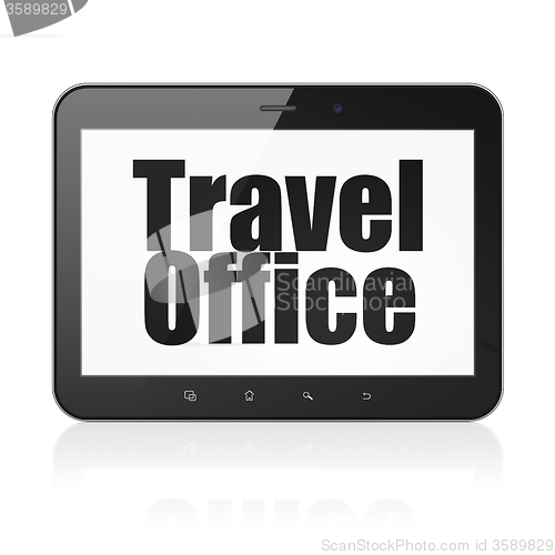 Image of Vacation concept: Tablet Computer with Travel Office on display