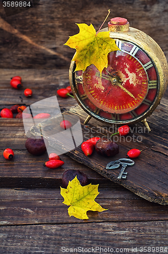 Image of old alarm clock in the autumn style