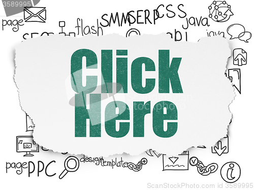 Image of Web design concept: Click Here on Torn Paper background