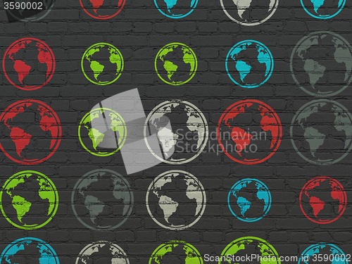Image of Science concept: Globe icons on wall background