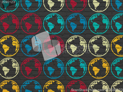 Image of Science concept: Globe icons on wall background