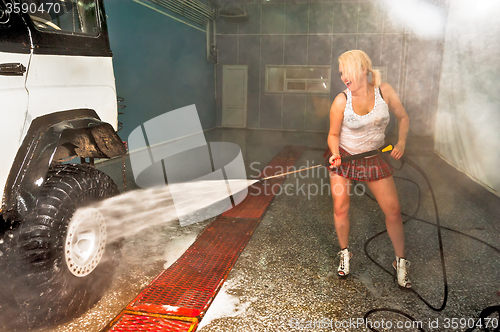 Image of Attractive sexy woman washing the car