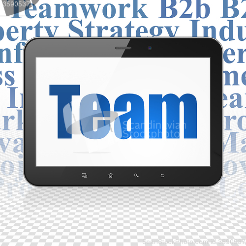 Image of Business concept: Tablet Computer with Team on display
