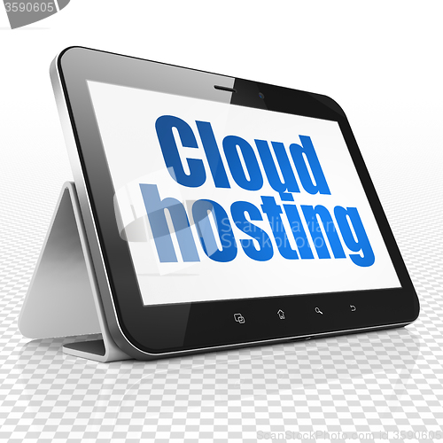 Image of Cloud networking concept: Tablet Computer with Cloud Hosting on display