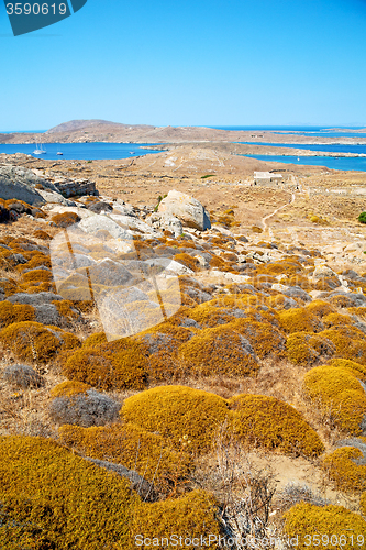 Image of sea in delos greece the historycal acropolis and old ruin site