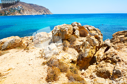 Image of in greece the mykonos island rock sea and  