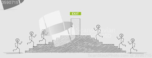 Image of exit door and running people