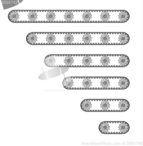 Image of six conveyor belts with many cogwheels