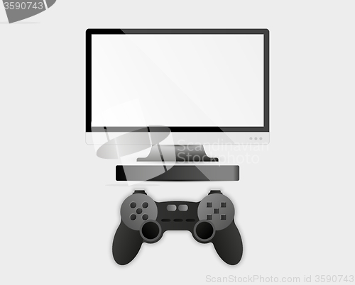 Image of game controller, television and computer box