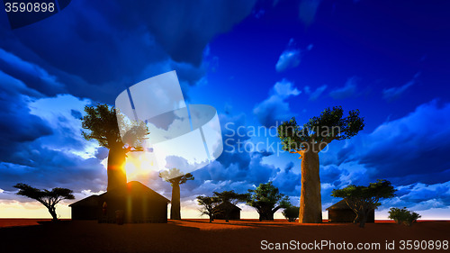 Image of African village with traditional huts 