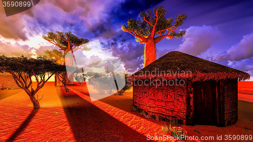 Image of African village with traditional huts 