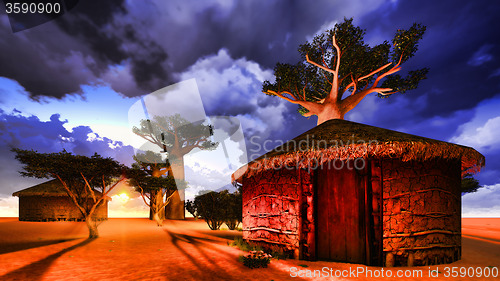 Image of African village with traditional huts 