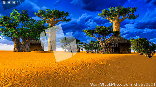 Image of African village with traditional huts 