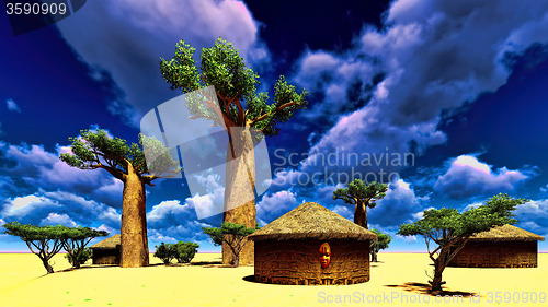 Image of African village with traditional huts 