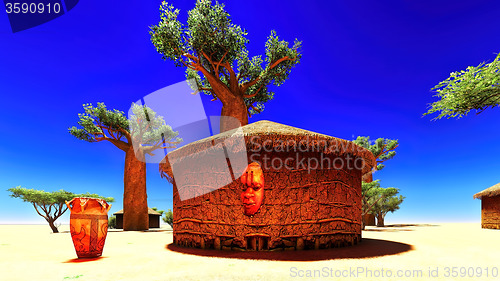 Image of African village with traditional huts 