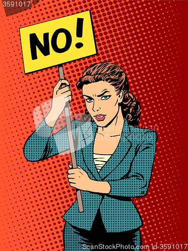 Image of businesswoman policy protest with a poster no
