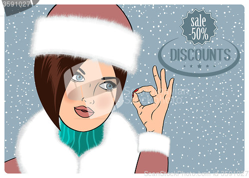 Image of Sexy, beautiful woman in the winter announcing sale discounts