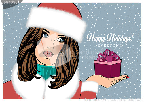 Image of Sexy, beautiful woman in the winter wishing \"Happy Holidays\"