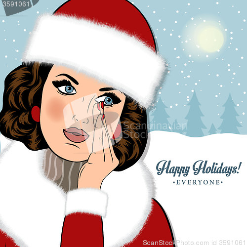 Image of Sexy, beautiful woman in the winter wishing \"Happy Holidays\"