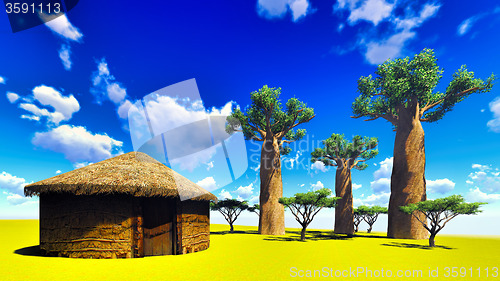 Image of African village with traditional huts 