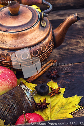 Image of Copper kettle in retro still life