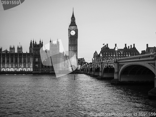 Image of Black and white Houses of Parliament in London